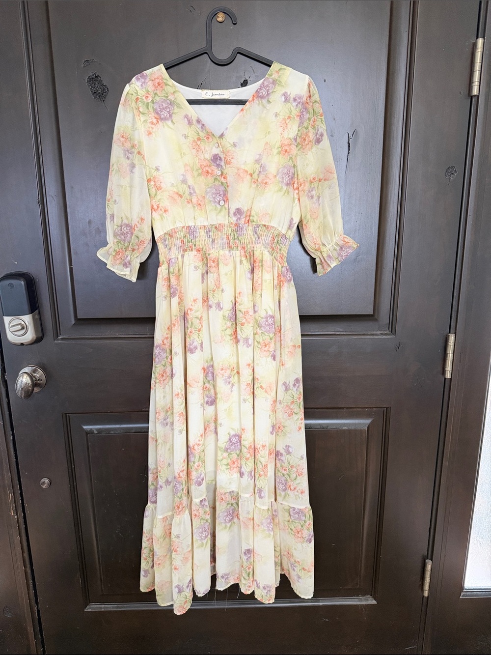 C Jasmine Light Yellow Floral Maxi Dress with Purple & Peach Blooms Size Small
